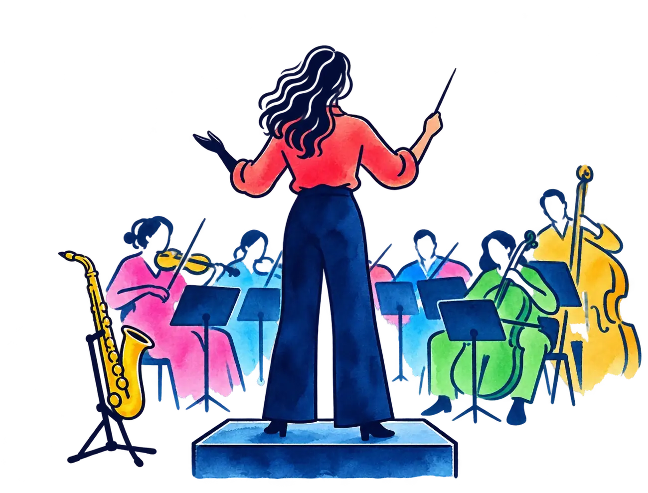 A conductor on a podium leading a colourful orchestra, with her saxophone resting on a stand beside her