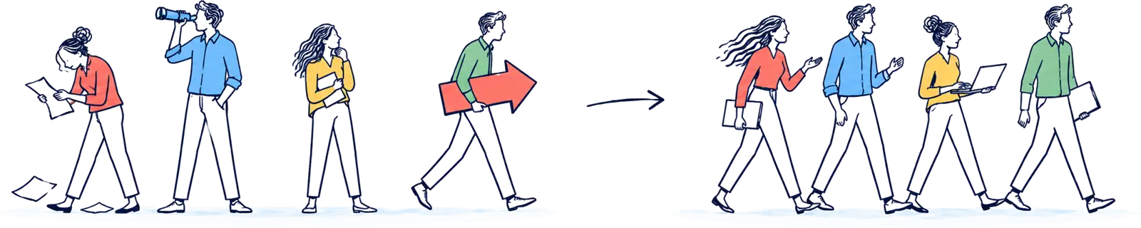 Four people each heading their own way, then the same four walking together